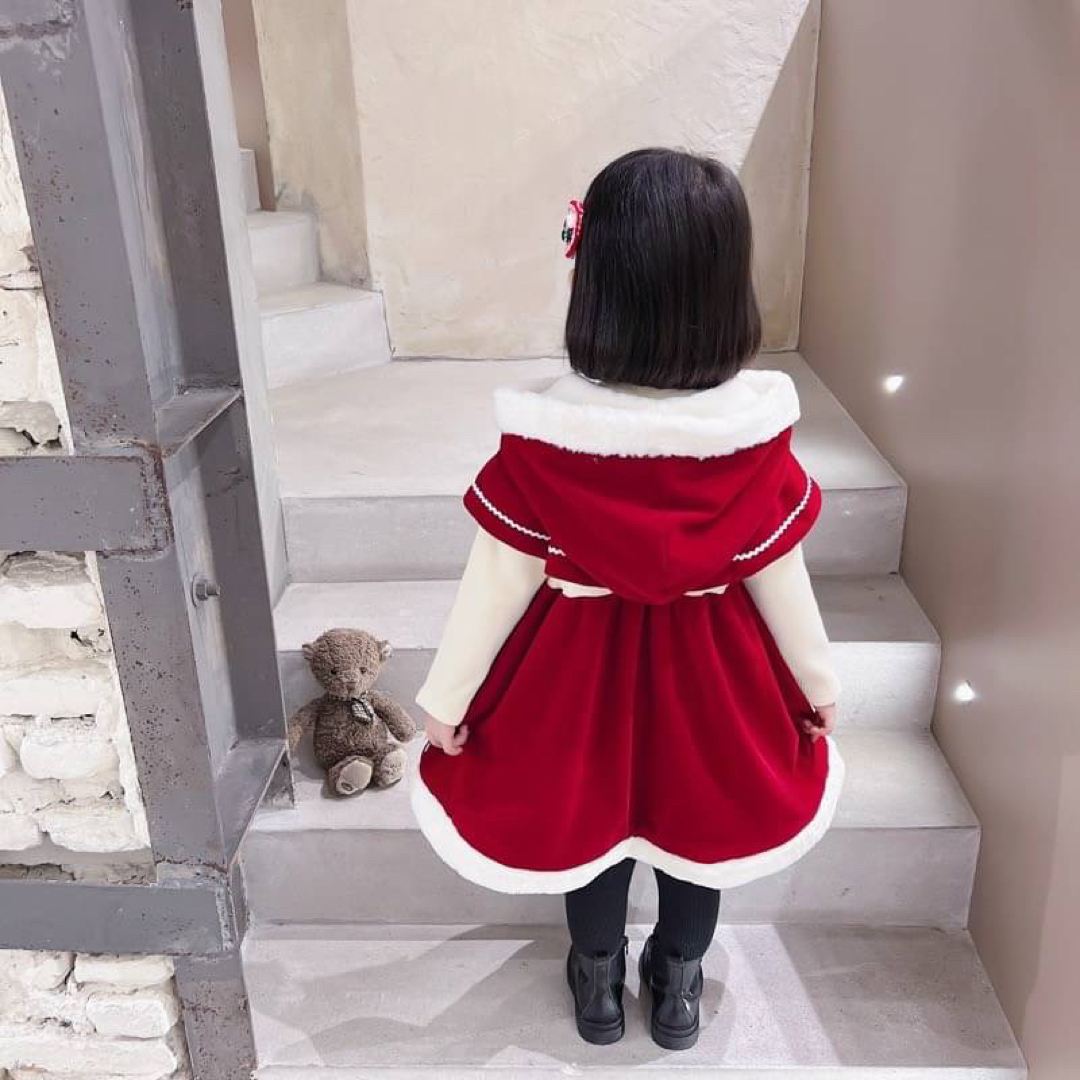 ケープ ワンピース 2点セット 100 女の子 クリスマス コスプレ サンタ キッズ/ベビー/マタニティのキッズ服女の子用(90cm~)(ワンピース)の商品写真