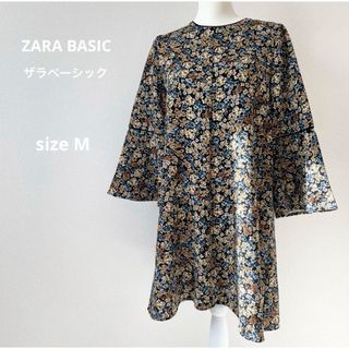 ザラ(ZARA)のZARA BASICザラベーシック 花柄ワンピースチュニック ブルー イエロー(ひざ丈ワンピース)