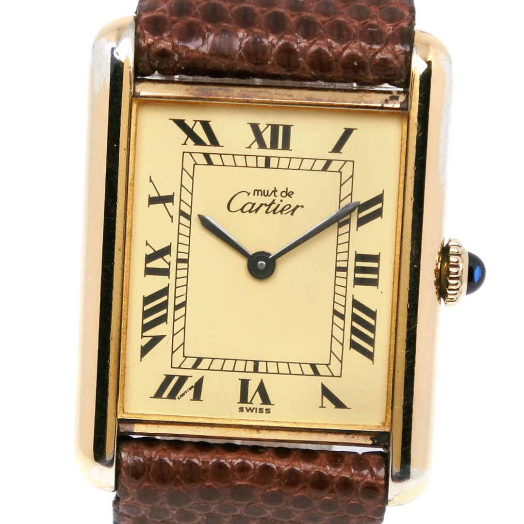 【CARTIER】カルティエ タンク ヴェルメイユ シルバー925×リザード 茶 手巻き ボーイズ 黄色文字盤 腕時計