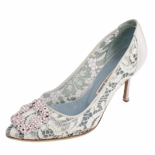 マノロブラニク(MANOLO BLAHNIK)のマノロ・ブラニク Manolo Blahnik パンプス ハンギシ 総柄 キャンバス メッシュ ヒール シューズ 靴 レディース イタリア製 37 1/2(24.5cm相当) ミントグリーン(ハイヒール/パンプス)