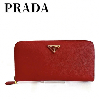 プラダ(PRADA)の美品✨PRADA 長財布 サフィアーノ トライアングル ロゴプレート 深紅 箱付(財布)