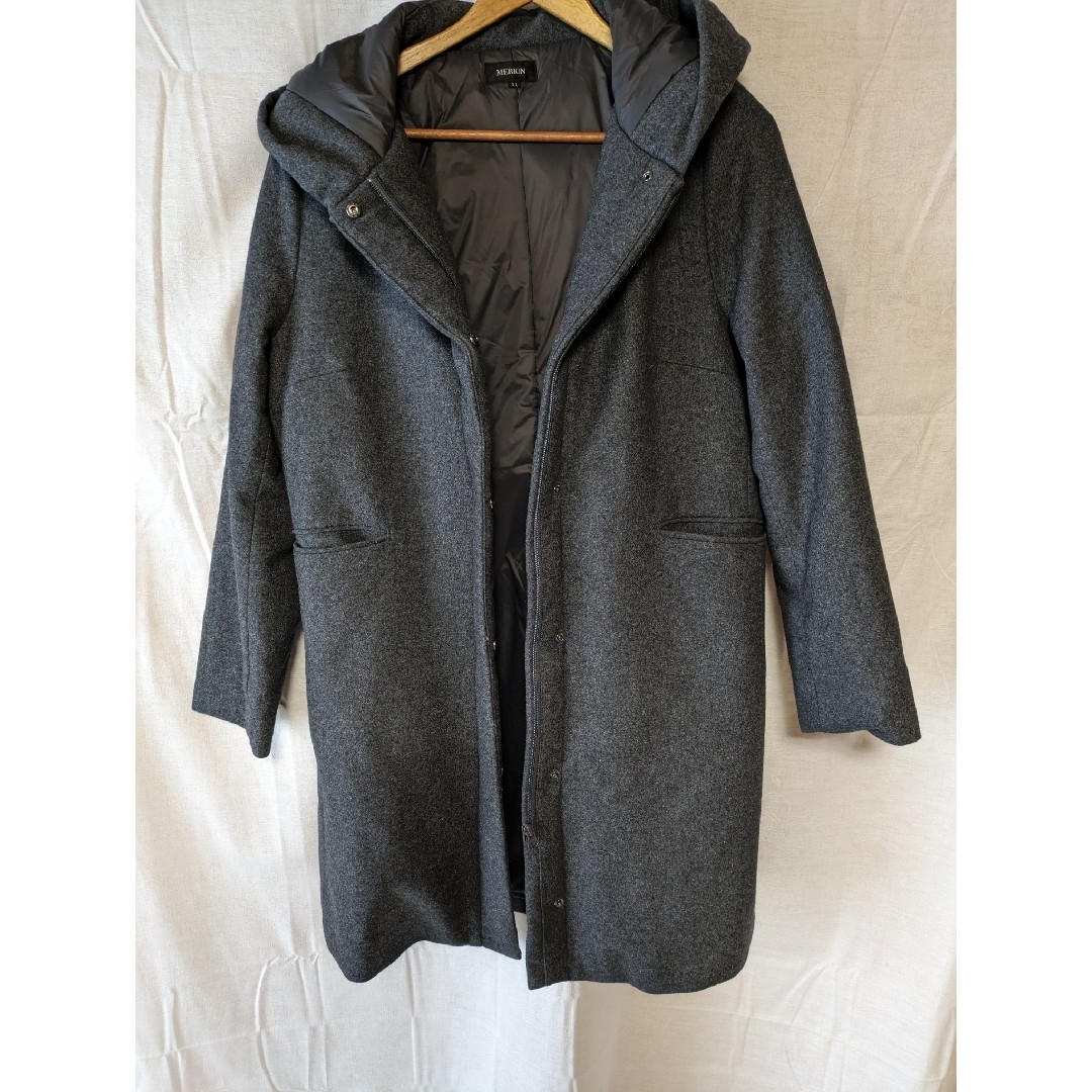 ダウン混合ウールフード付きロングコートLサイズグレー レディースのジャケット/アウター(ロングコート)の商品写真