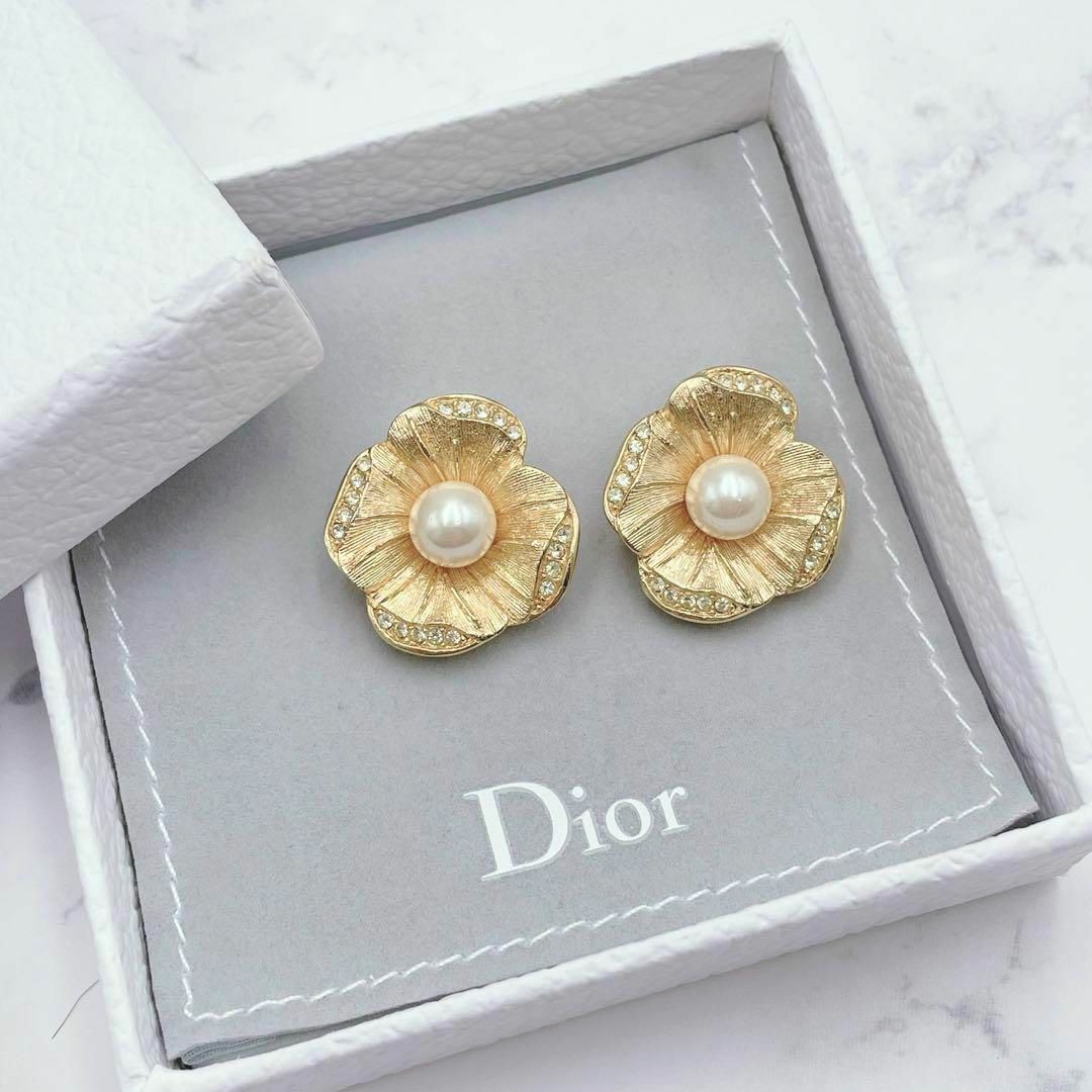 ✨美品✨ DIOR パール フラワー イヤリング ヴィンテージ ラインストーンレディース