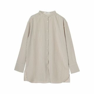 グリーンパークス(green parks)の【ストライプベージュ】レイヤードアソート柄シャツチュニック 23AW/バンドカラー/体型カバー/サイドスリット(ミニワンピース)