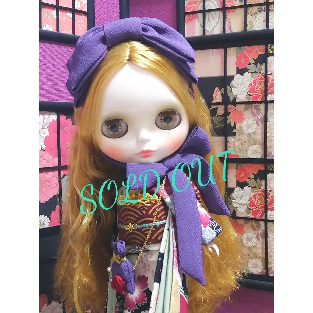 【夢人夜呉服店】ブライス　着物　振袖　シックなリボンちゃんのお着物セット人形