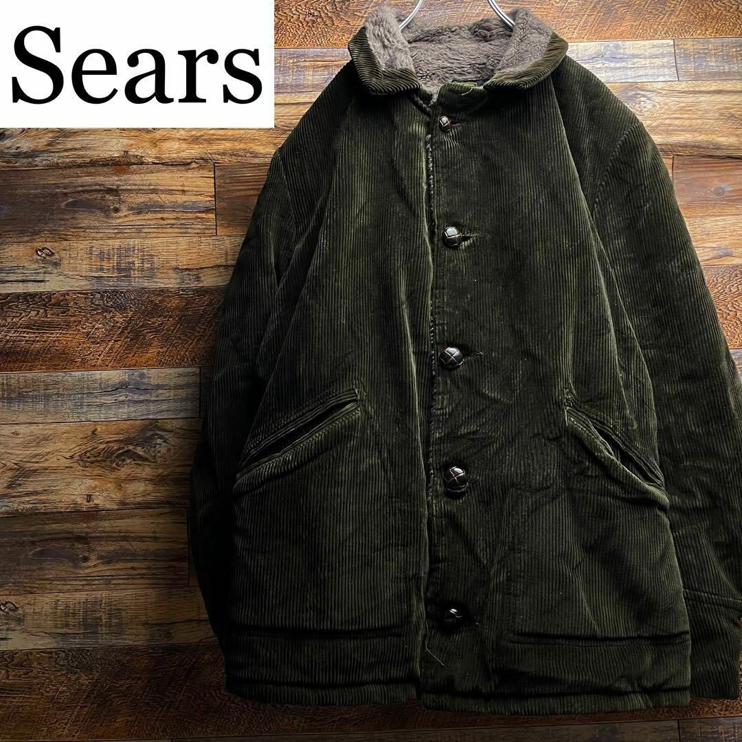 Sears○サイズシアーズコーデュロイジャケットランチコート緑グリーンオリーブ内側ボア開襟