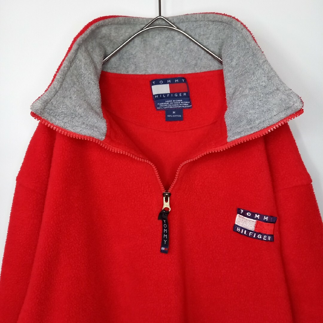 TOMMY HILFIGER(トミーヒルフィガー)の90s　トミーヒルフィガー　ハーフジップ　ボアフリース　トレーナー　刺繍　赤　M メンズのトップス(その他)の商品写真