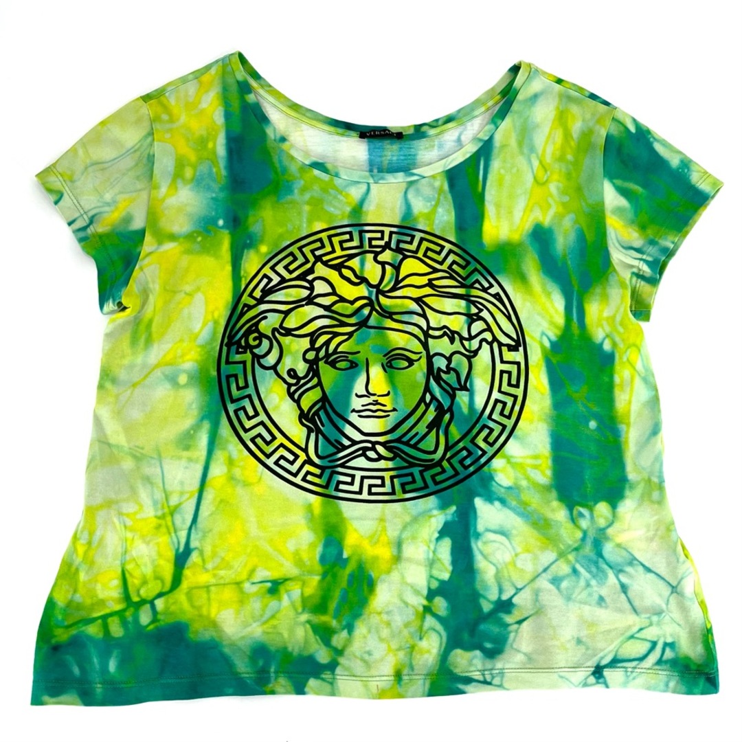 約45cm袖丈VERSACE ヴェルサーチ 半袖Ｔシャツ メドゥーサ トップス メデューサ ショート丈 クロップド丈 タイダイ アパレル 薄手  服 36 グリーン 緑 コットン    レディース 人気 春 夏【品】