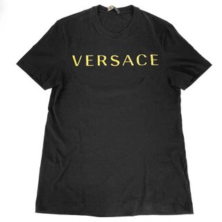 ヴェルサーチ(VERSACE)の【在庫一掃】VERSACE ヴェルサーチ 半袖Ｔシャツ クルーネック トップス ロゴ刺繍 シンプル アパレル 古着 服 M ブラック 黒 ゴールド コットン    メンズ 人気 春 夏 美品【中古品】(Tシャツ/カットソー(半袖/袖なし))