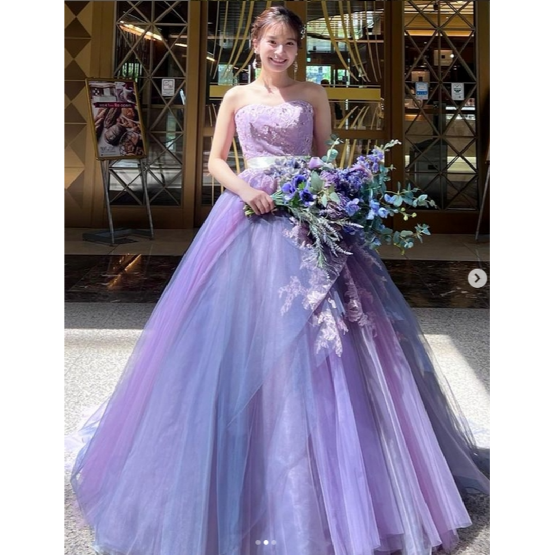 ウェディングドレス高品質！カラードレス パープル ソフトチュール ビジュー ベアトップ 花嫁