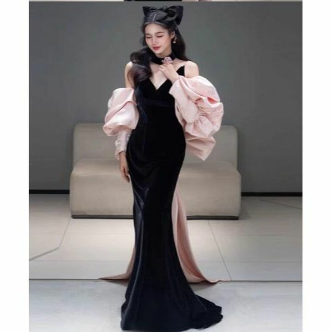 上品！黒ベロア　ピンク　リボン　パフスリーブ　マーメイドライン 優雅なシルエットウェディングドレス