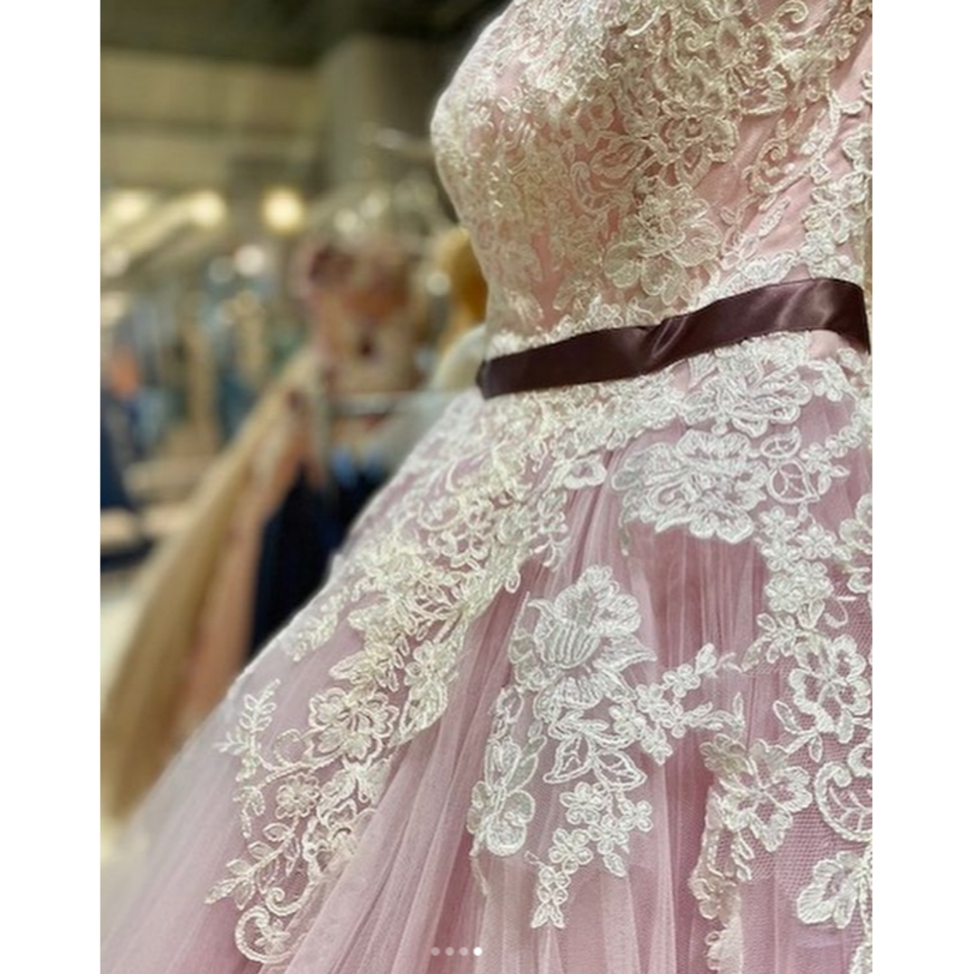 可愛い ピンクソフィア パーティードレス 繊細レース ベアトップ 前撮り レディースのフォーマル/ドレス(ウェディングドレス)の商品写真