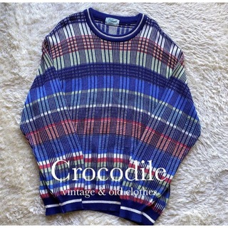 クロコダイル(Crocodile)のcrocodile セーター　ボーダー　チェック　青　ゆったり　古着(ニット/セーター)