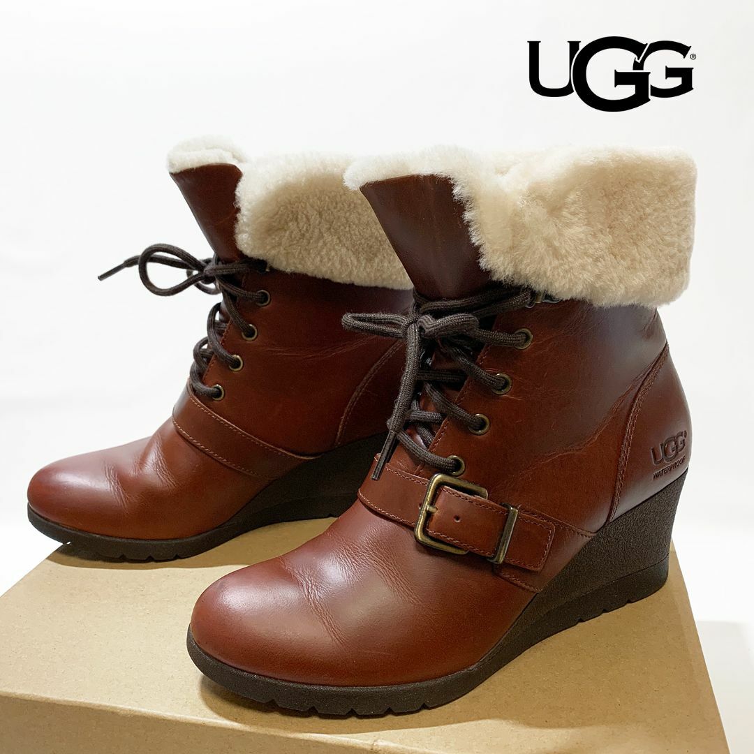 UGG AUSTRALIA(アグオーストラリア)の【美品】UGG アグ ムートン レザーブーツ JANNEY ブラウン 24サイズ レディースの靴/シューズ(ブーツ)の商品写真