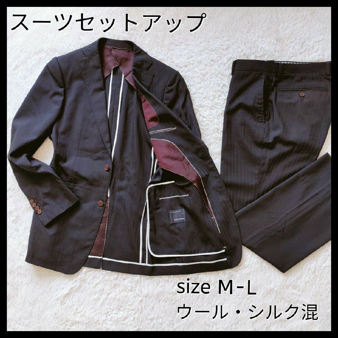 【シルク混】モダリトルノ☆メンズスーツセットアップ　M　黒　ストライプ　シングル メンズのスーツ(セットアップ)の商品写真