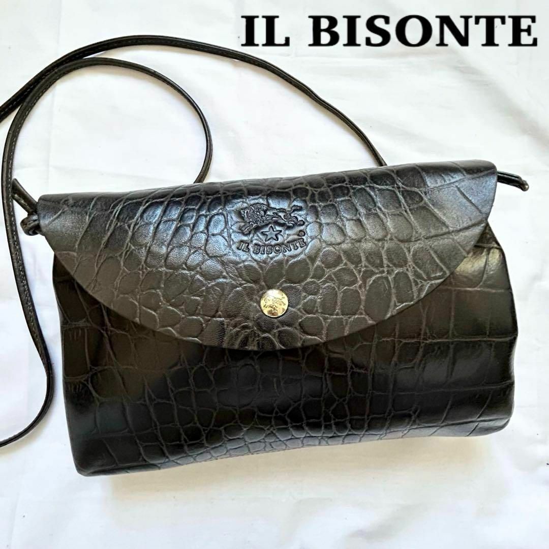 IL BISONTE(イルビゾンテ)の✨美品✨2way イルビゾンテ　ショルダーバッグ　レザー　本革　黒　クロコ型押し レディースのバッグ(ショルダーバッグ)の商品写真