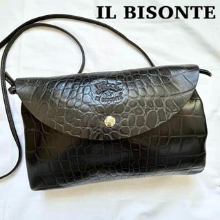 イルビゾンテ(IL BISONTE)の✨美品✨2way イルビゾンテ　ショルダーバッグ　レザー　本革　黒　クロコ型押し(ショルダーバッグ)