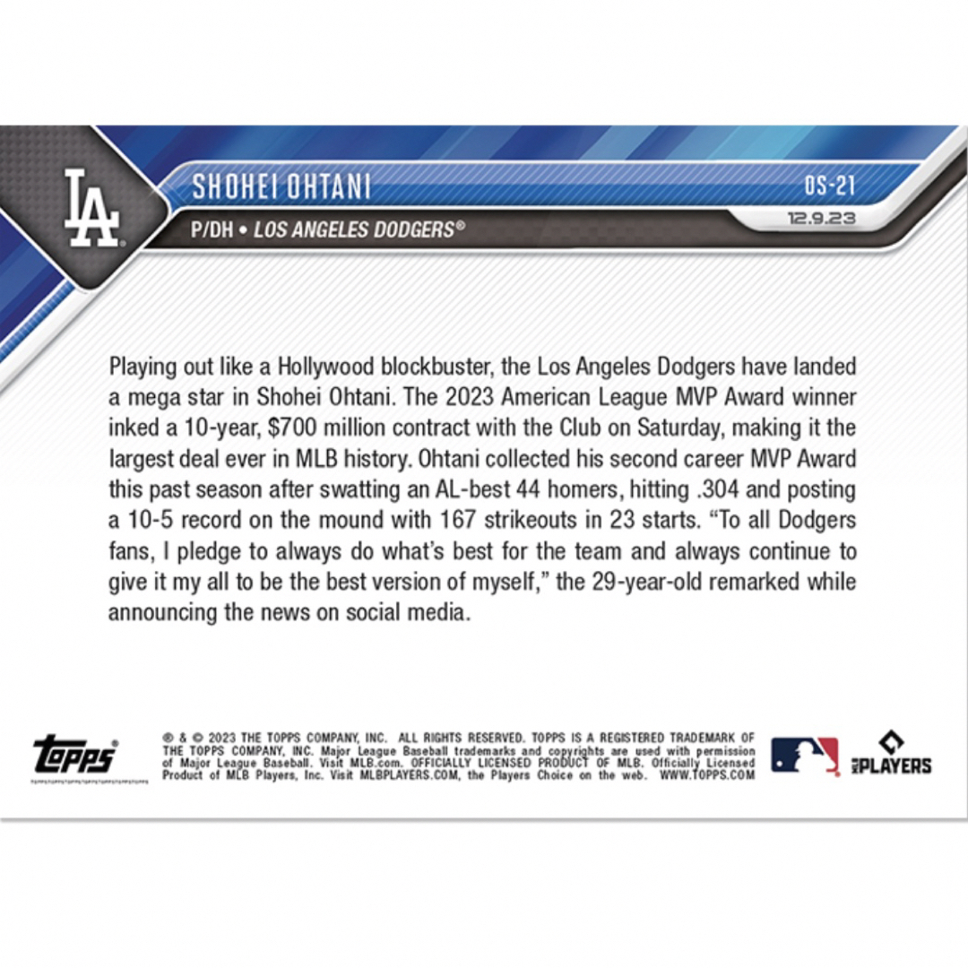 MLB(メジャーリーグベースボール)の大谷翔平 Topps now OS-21 ドジャース移籍記念 エンタメ/ホビーのトレーディングカード(シングルカード)の商品写真