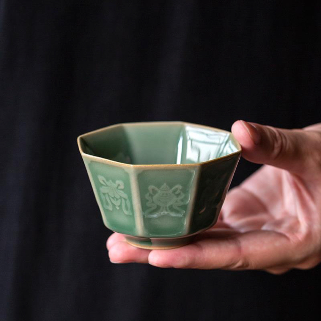 新品 中国美術 2客セット 湯呑み 茶器 青磁 煎茶道具 八角紋 送料込みアクセサリー