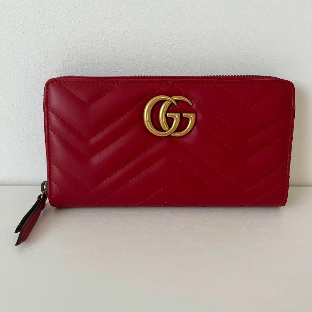 Gucci - GUCCI グッチ GGマーモント ラウンドファスナー 長財布 レッド