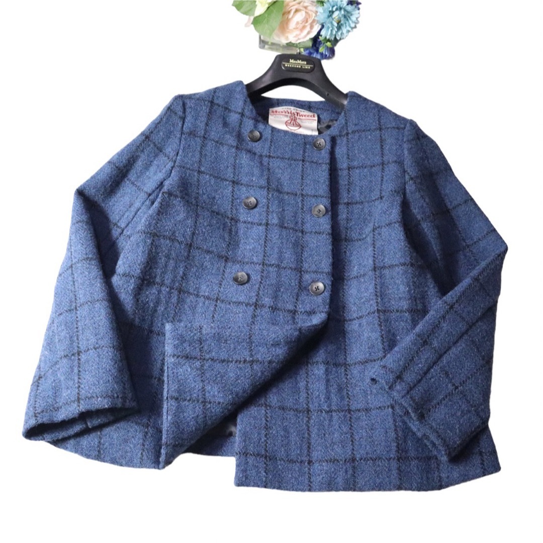 HARRIS TWEED ハリスツイード ノーカラー鮮やかブルージャケット-