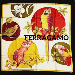 美品 ☆FERRAGAMO☆ スカーフ 大判 鳥 花 シルク マスタードイエロー