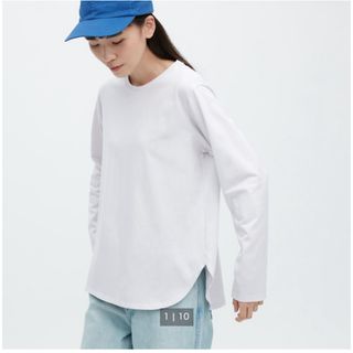 ユニクロ(UNIQLO)のソフトコットンラウンドヘムT（長袖） Lサイズ ライトグレー(カットソー(長袖/七分))