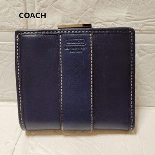 コーチ(COACH)の美品　COACH　折財布　レザー　ネイビー　二つ折り　がま口(財布)