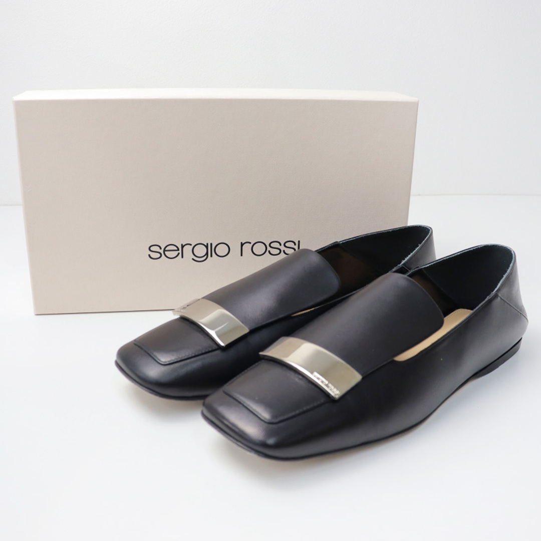 美品 セルジオロッシ Sergio Rossi sr1 Slippers メタルプレート レザーフラットシューズ 38.5/ブラック スリッパ 24.5cm【2400013665353】靴/シューズ