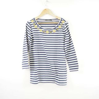 マックスマーラ(Max Mara)の美品 maxmaraWEEKEND マックスマーラ ボーダー柄七分袖カットソー S コットン他 ビジュー ストーン 紺 白 トップス レディース AU2307A14 (Tシャツ(半袖/袖なし))