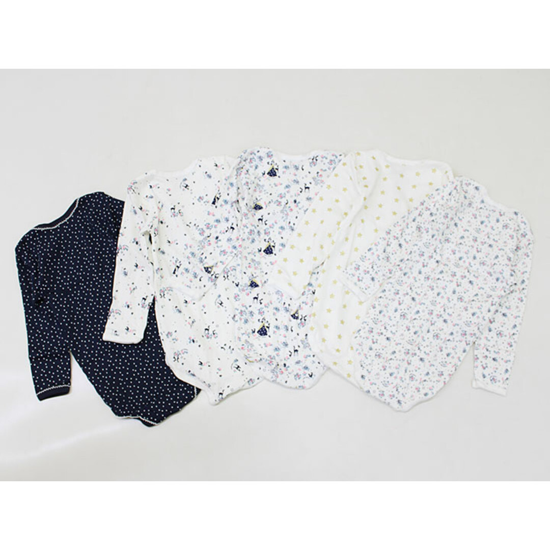 PETIT BATEAU(プチバトー)の【秋冬物 新入荷!】新品 未使用品▲プチバトー/PETIT BATEAU▲86cm(24m) 長袖ボディオール/カバーオール/ロンパース5枚set/インナー/肌着/小物 紺×白系 ドット＆花柄＆星 出産祝い ギフト【ネット限定】子供 キッズ kids ベビー baby 女の子 春秋冬 onepi 812132 キッズ/ベビー/マタニティのベビー服(~85cm)(カバーオール)の商品写真