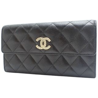 シャネル(CHANEL)のCHANEL(シャネル) マトラッセ ココマーク ロングウォレット 長財布 フラップ チェーンモチーフ キャビアスキン ブラック黒 ゴールド金具 レディース 40802076804【中古】【アラモード】(財布)