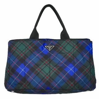 プラダ(PRADA)の本物 プラダ PRADA カナパ テスート チェック トートバッグ ハンドバッグ ナイロン ブルー グリーン B1872B Canapa バッグ 中古(トートバッグ)