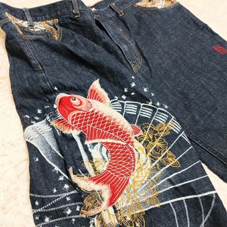 【超ＢＩＧ！！】 絡繰魂 デニムパンツ 刺繍 鯉 和柄 110 超極太