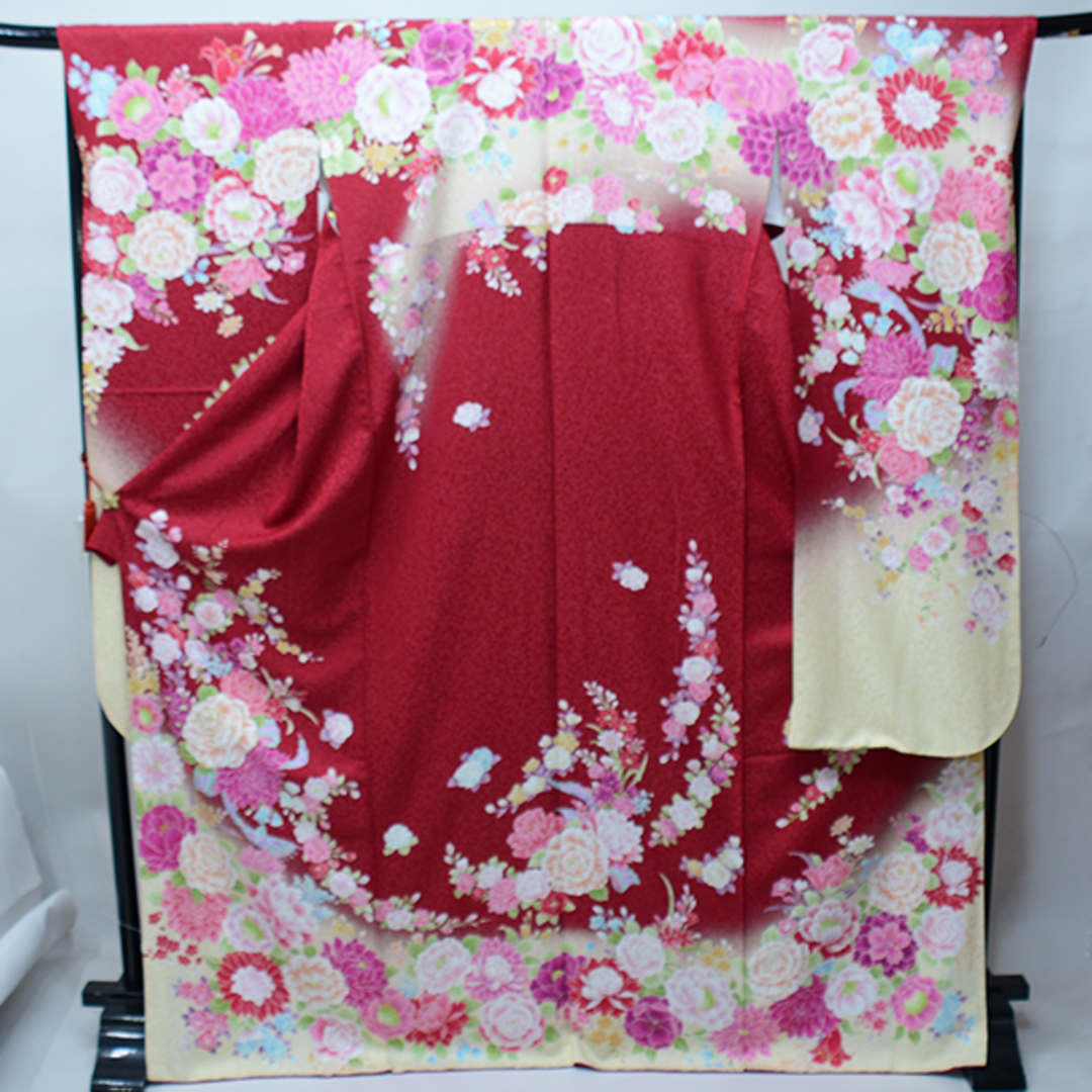 振袖 正絹 着物 単品 仕立て上がり 百花繚乱 ラメ 刺繍 赤色 NO39598