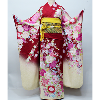振袖 正絹 着物 単品 仕立て上がり 百花繚乱 ラメ 刺繍 赤色 NO39598(振袖)