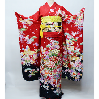 振袖 正絹 着物 単品 仕立て上がり ラメ 金駒縫 赤色 NO39608(振袖)