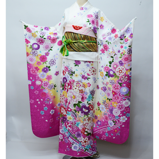 振袖 正絹 着物 単品 仕立て上がり 百花繚乱 白色×ピンク NO39618(振袖)