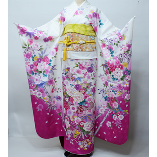 振袖 正絹 単品 仕立て上がり ラメ 金駒縫 白色×ピンク NO39559(振袖)