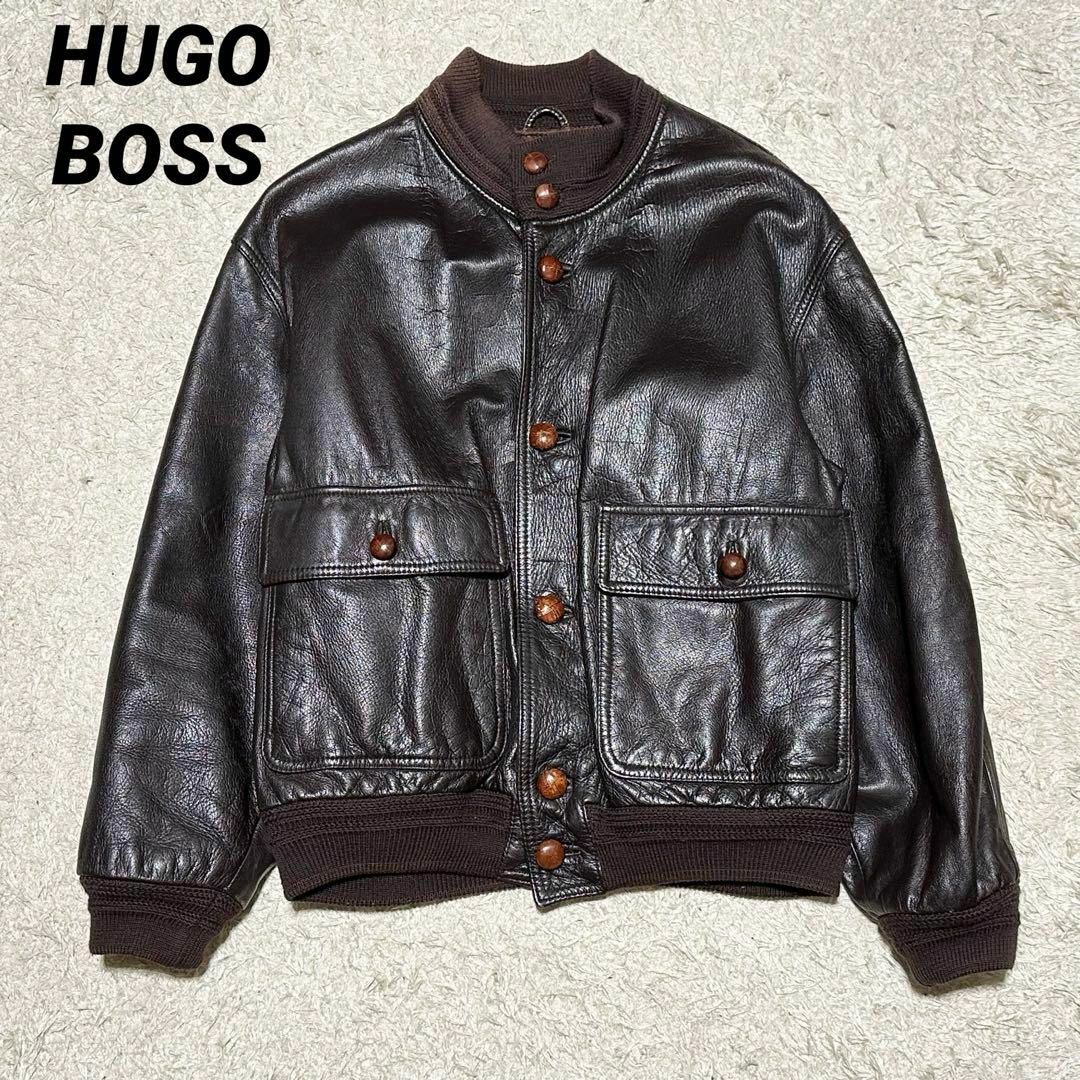 HUGO BOSS レザーボンバージャケット くるみボタン ダークブラウン 48ダークブラウン○生産国