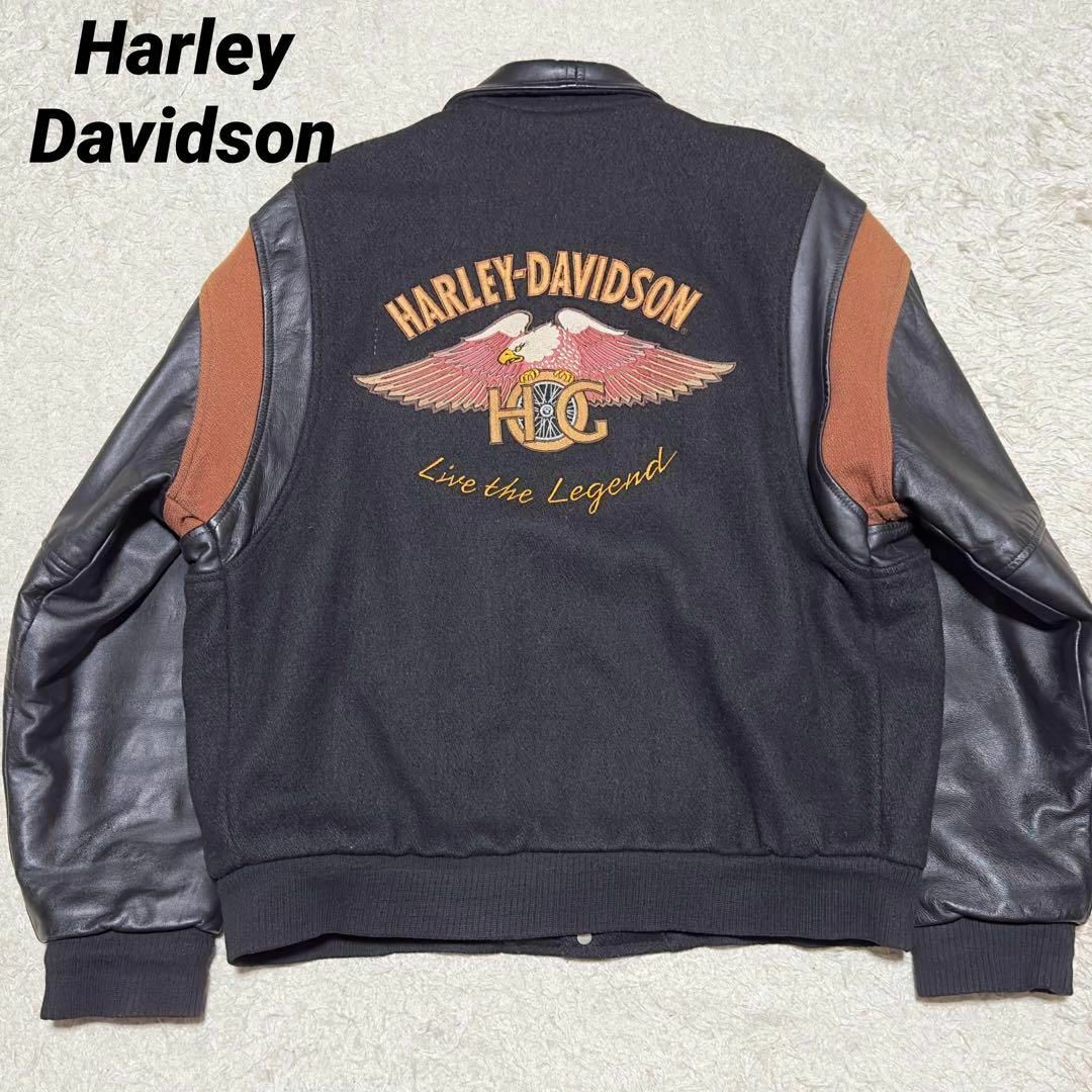 Harley Davidson(ハーレーダビッドソン)のHarley-Davidson 袖レザー スタジャン バック刺繍 ブラック メンズのジャケット/アウター(レザージャケット)の商品写真
