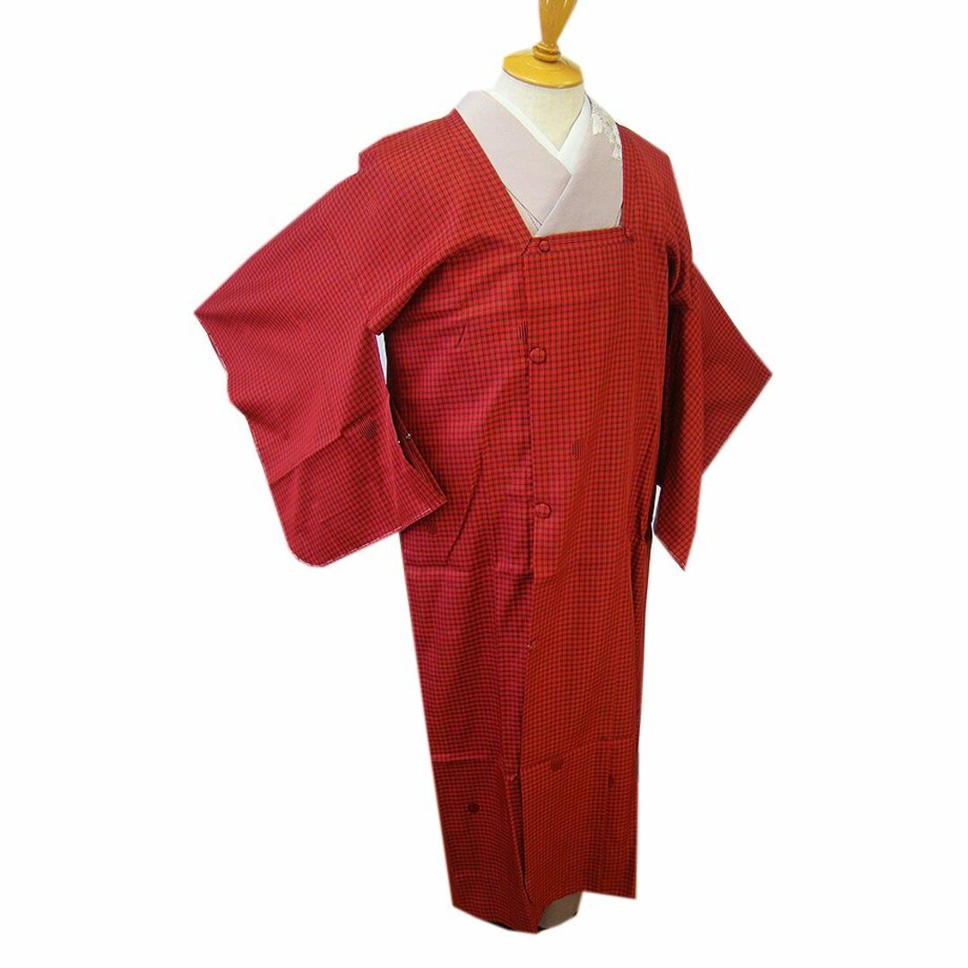 「縁」156ｃｍ～163ｃｍ 雨の日 格子柄 ロング 雨コート 正絹 Ｉ３９２未使用仕付け糸付き素材