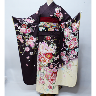 振袖 正絹 着物 単品 仕立て上がり 金駒縫 箔置 焦げ茶色 NO39564(振袖)
