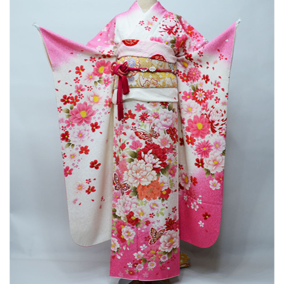 振袖 正絹 着物 単品 仕立て上がり ラメ 金駒縫 白×ピンク NO39589 | フリマアプリ ラクマ