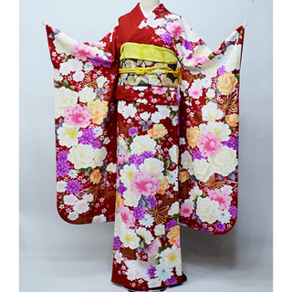 振袖 正絹 着物 単品 仕立て上がり 百花繚乱 薔薇 蝶々 赤色 NO39584(振袖)