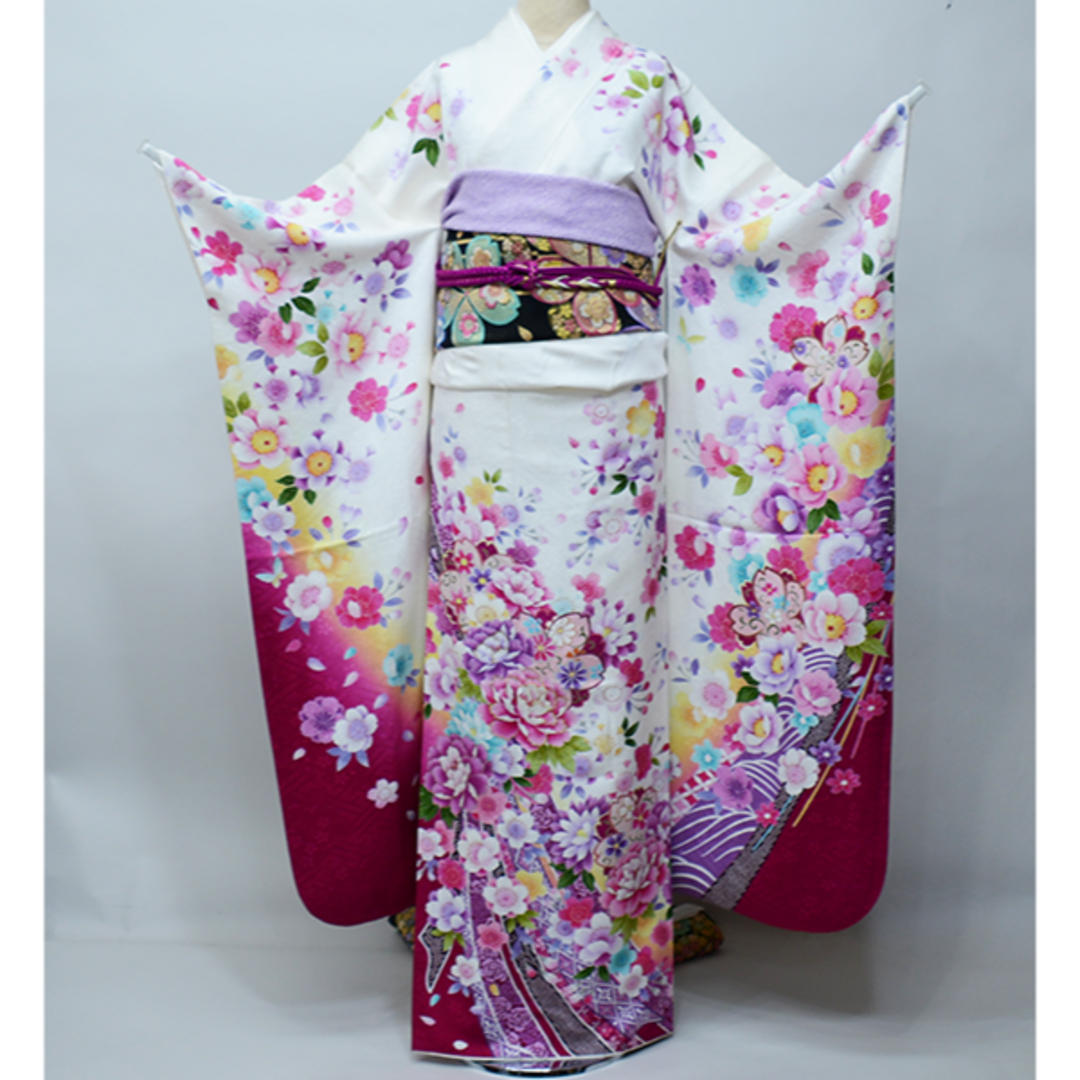 振袖 正絹 着物 単品 仕立て上がり 金刺繍 白色×赤紫 NO39579