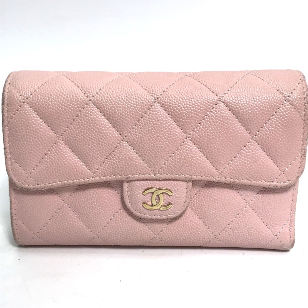 財布シャネル CHANEL ロゴ マトラッセ ミディアム AP0232 キルティング フラップ ウォレット 3つ折り財布 キャビアスキン ベビーピンク ピンク