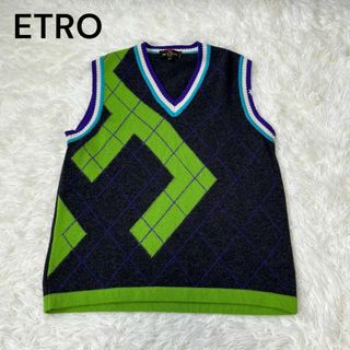 エトロ(ETRO)のETRO エトロ　ニット　セーター　ベスト　イタリア製　チェック　グレー(ニット/セーター)