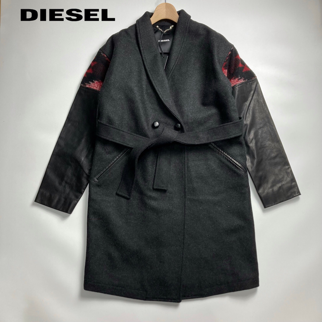 レディース現行　新品　DIESEL ディーゼル　ロングコート　レザー切り替え　レディース