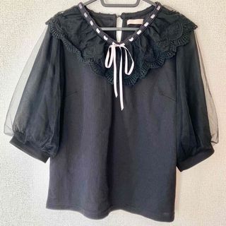 アクシーズファム(axes femme)のアクシーズファム　　黒　五部袖　シフォン袖　レース襟　カットソー(カットソー(半袖/袖なし))